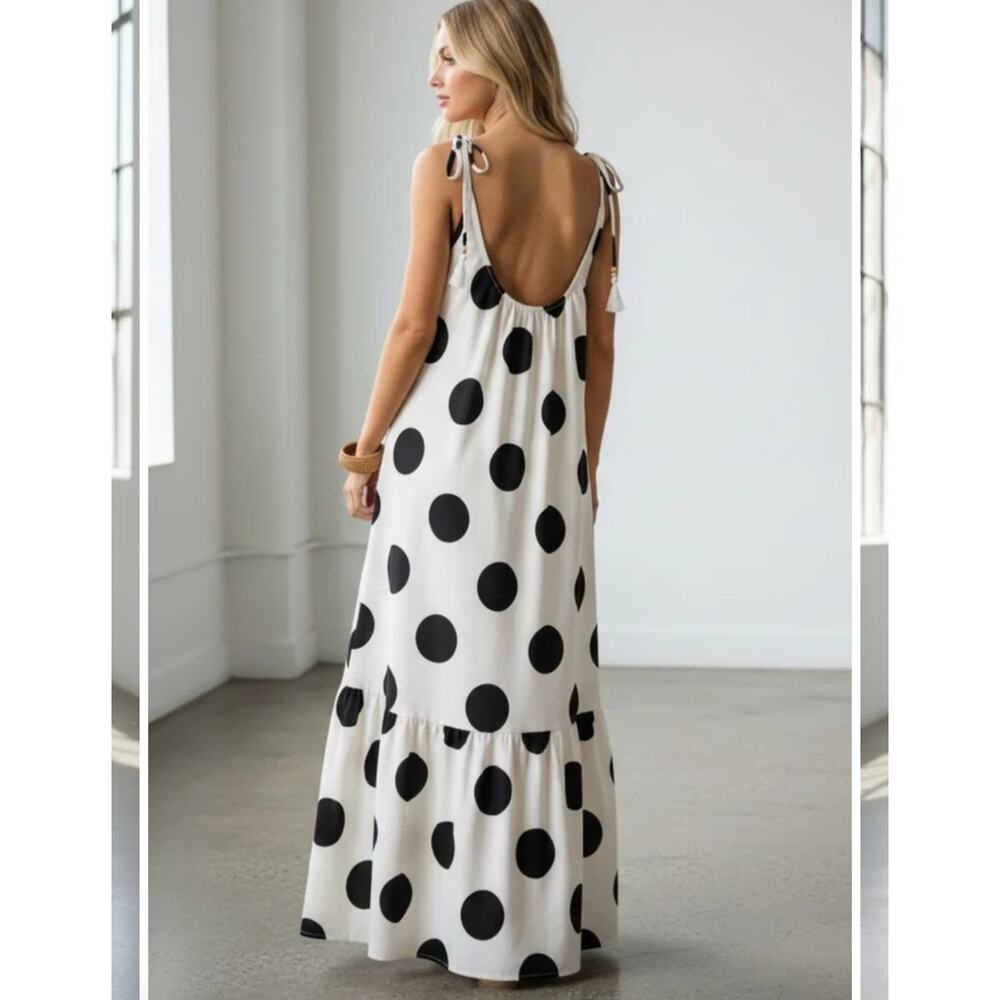 Oddi Polka White Black Dot Tassel Tie-Strap NWT Tiered Maxi Dress Large - Picture 2 of 13